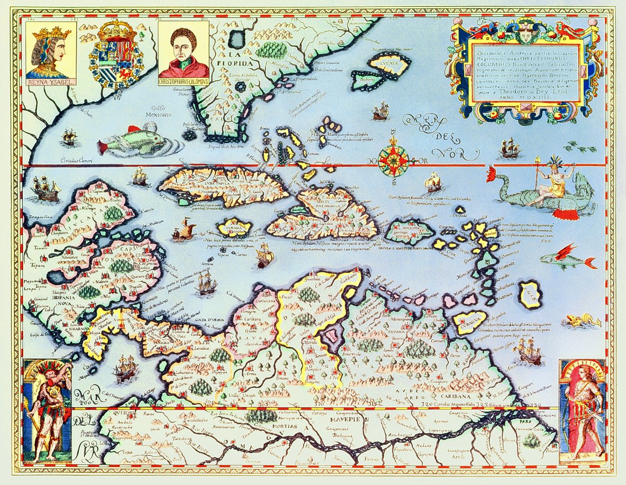 Karayip adaları ve Amerikan Florida eyaletinin haritası by Theodore de Bry