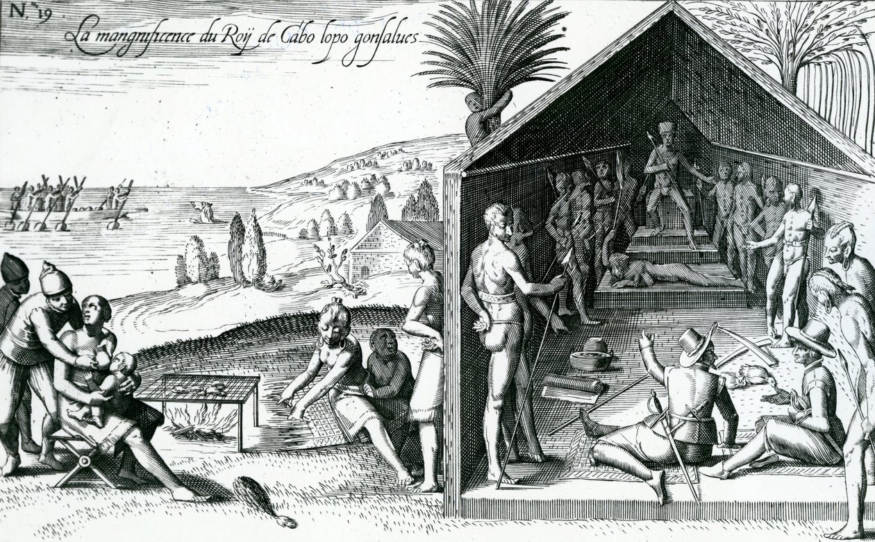 The king receiving European visitors, Cape Lopez, Gabon, Africa, 16th century  by Theodore de Bry