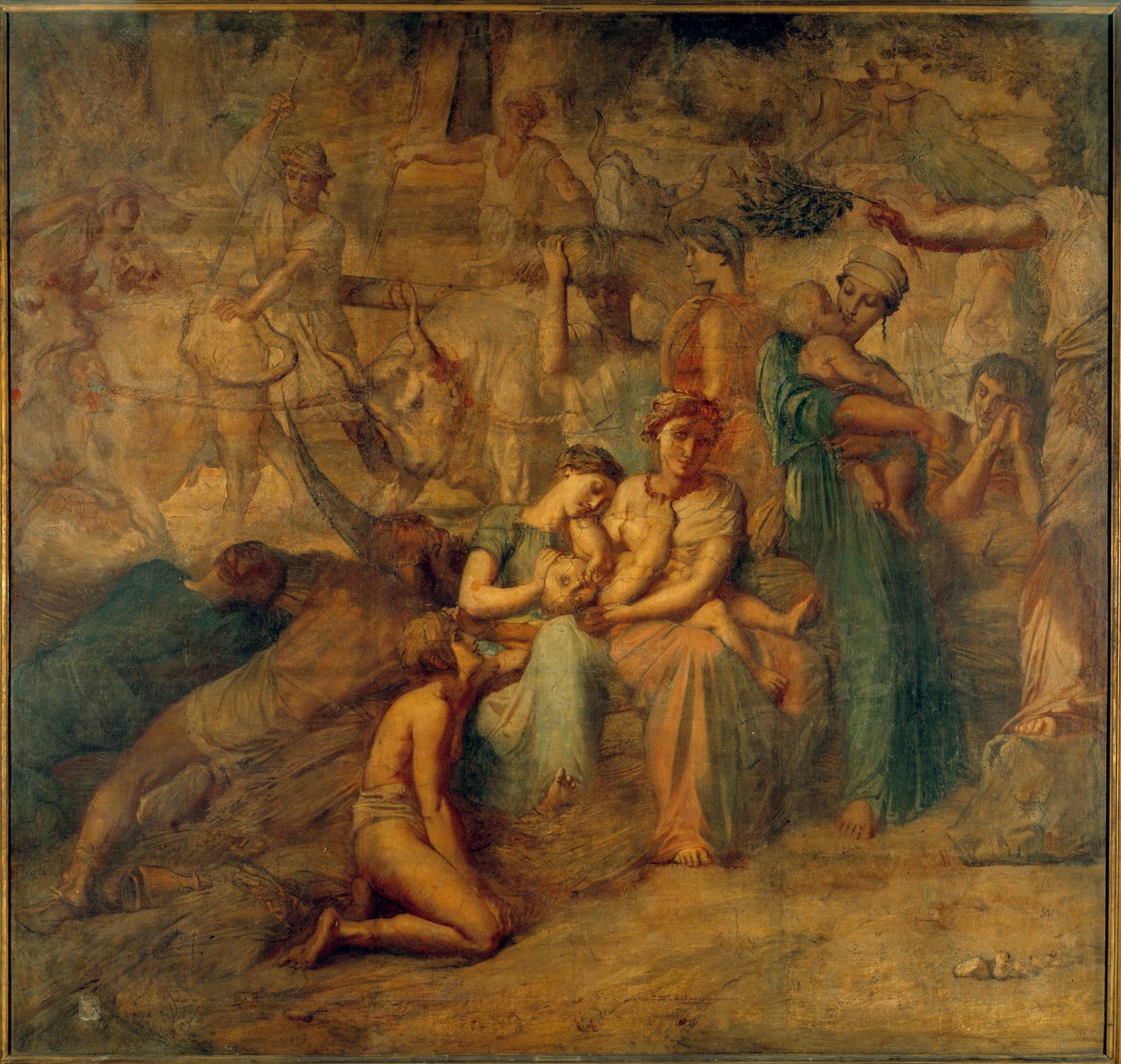 Barış anne, çocuk ve sürülerle alegorik temsil. Cour des comptes merdiveninin Theodore Chasseriau (1819-1856) tarafından boyanması 19. yüzyıl Güneşi. 3,4x3,6 m by Théodore Chassériau