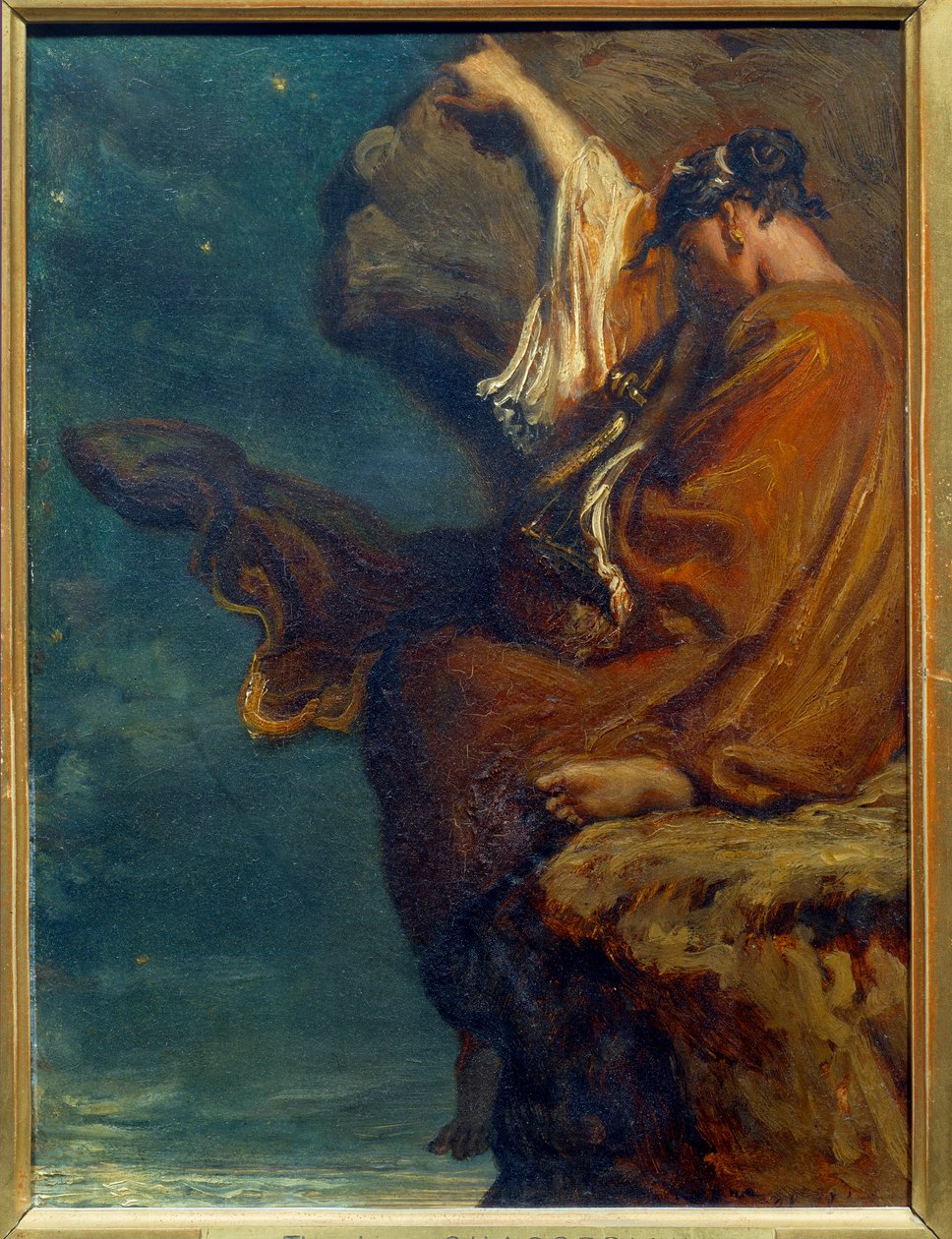 Sapho Yunan şair Sapho (Sappho) (MÖ 600 civarında) bir kayanın üzerinde oturuyor ve melankoliyle denize bakıyor. Theodore Chasseriau'nun (1819-1856) 1849 Güneş'in tablosu. 0,27x0,21 m Paris, Orsay Müzesi by Théodore Chassériau