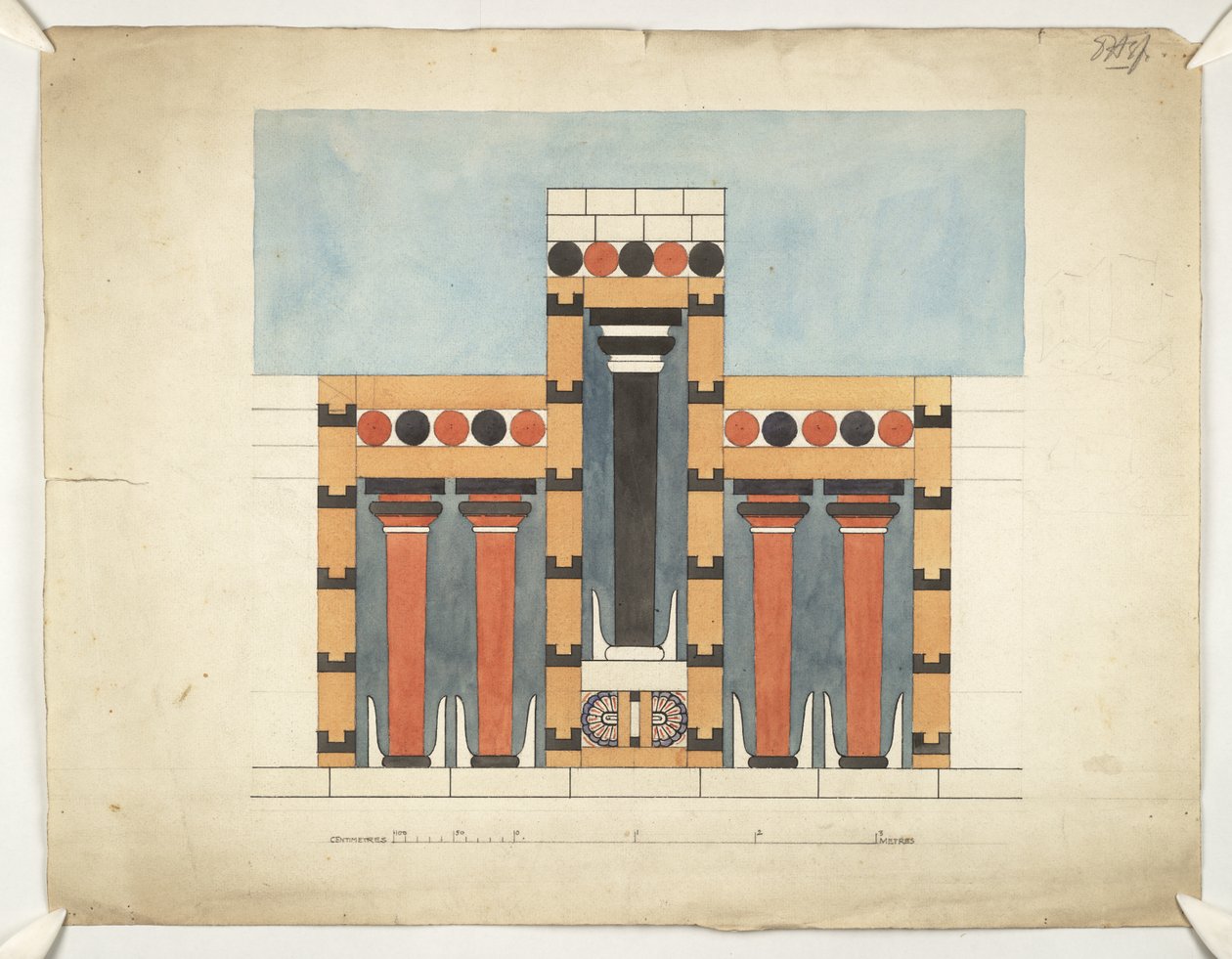 Knossos'taki Minos Sarayı'nın Merkez Avlusundaki Merkezi Üç Parçalı Mabedi yeniden tasavvur eden resim (Evans Architectural Plans WW/15) by Theodore Fyfe