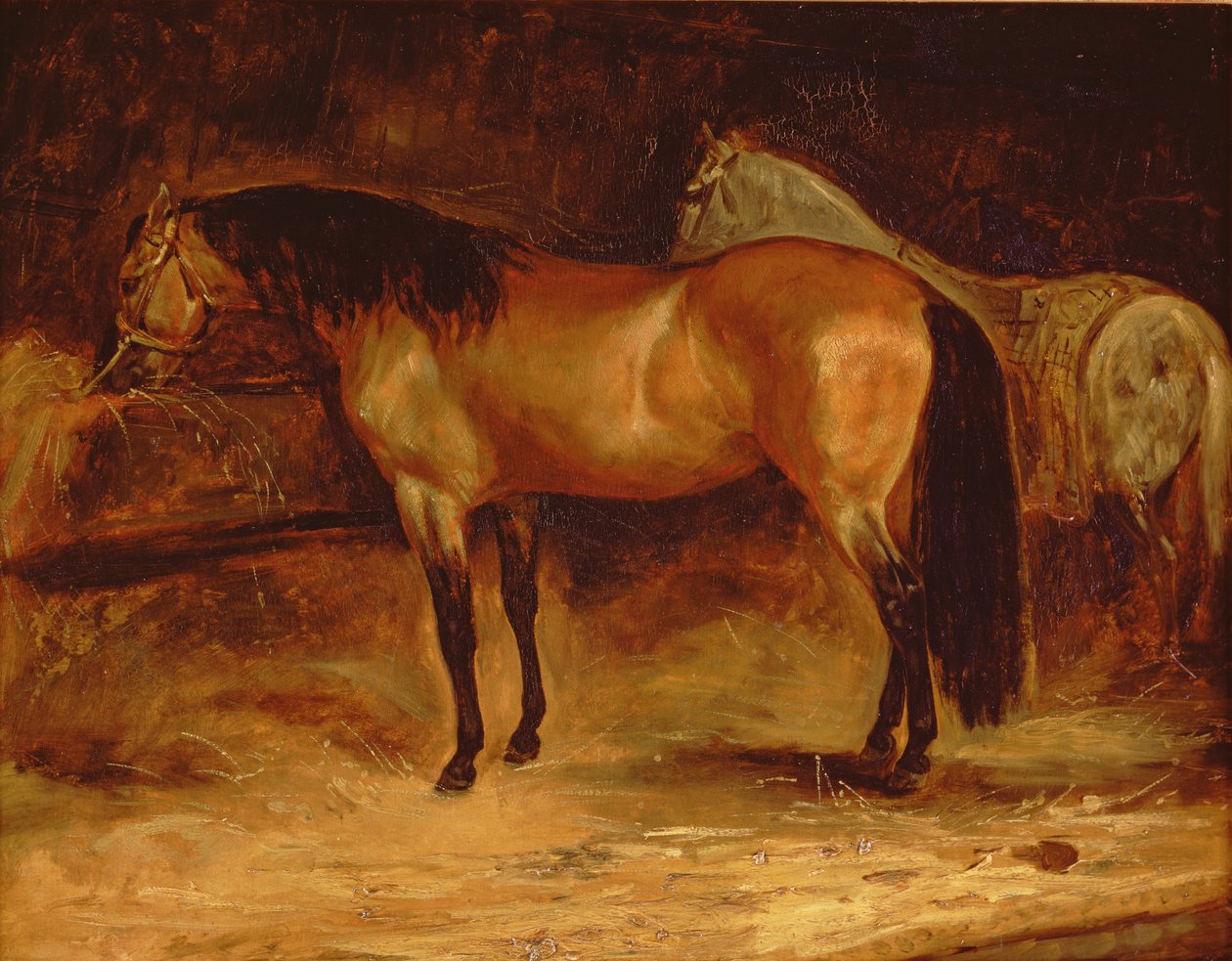 Bir halıda gri bir atla bir yemlikte bir Bay Horse, by Theodore Gericault