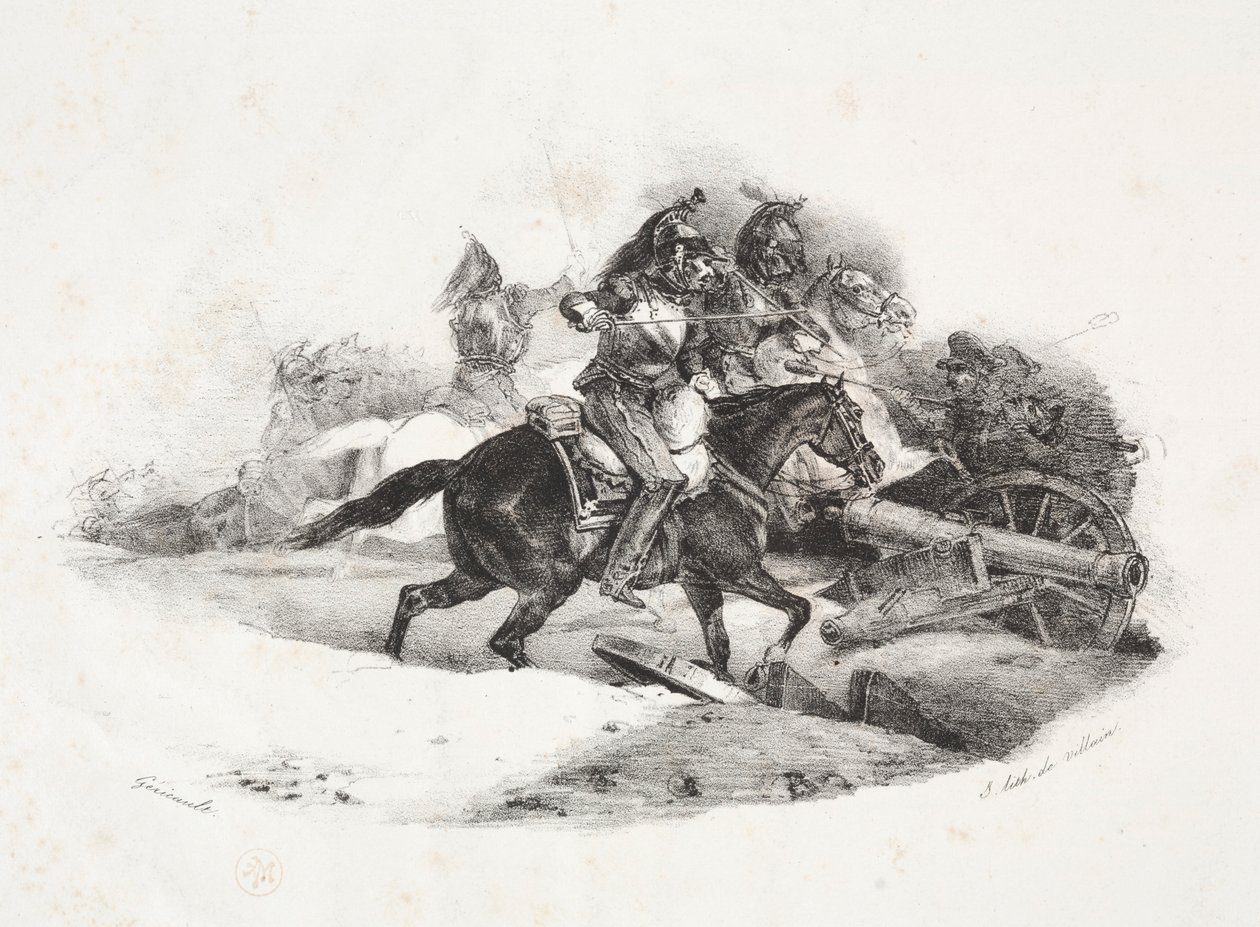 Cuirassiers bir topçu bataryasını şarj ediyor. by Theodore Gericault
