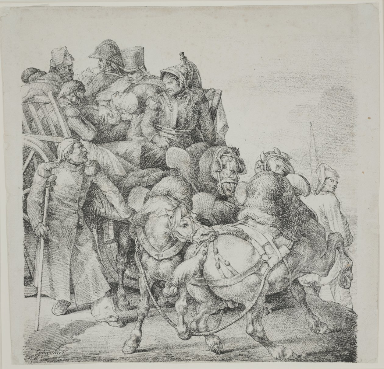 Yaralı Askerlerle Dolu At Arabası, C. Motte tarafından litografi by Theodore Gericault