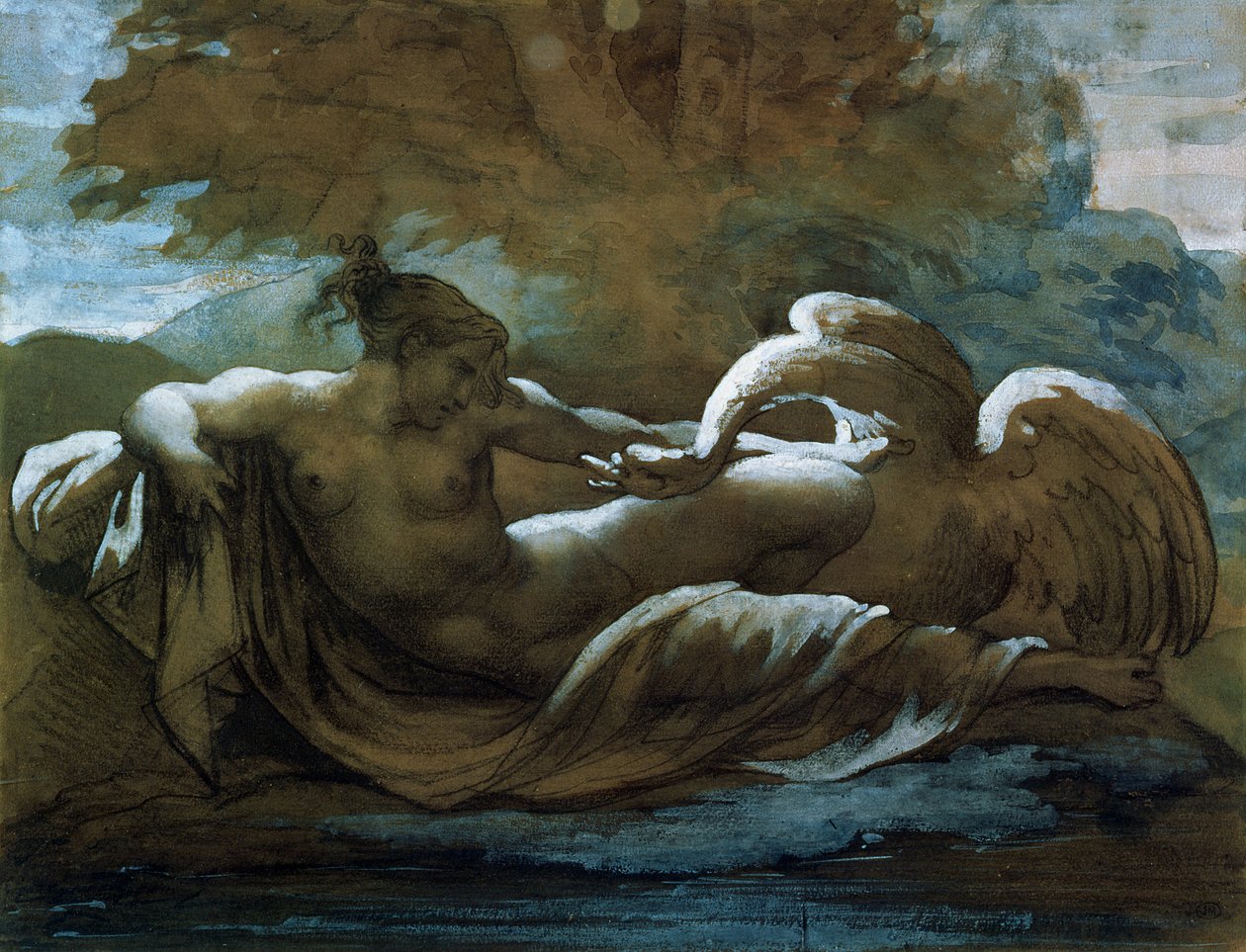 Leda ve Kuğu (siyah tebeşir ve sulu boya) by Theodore Gericault