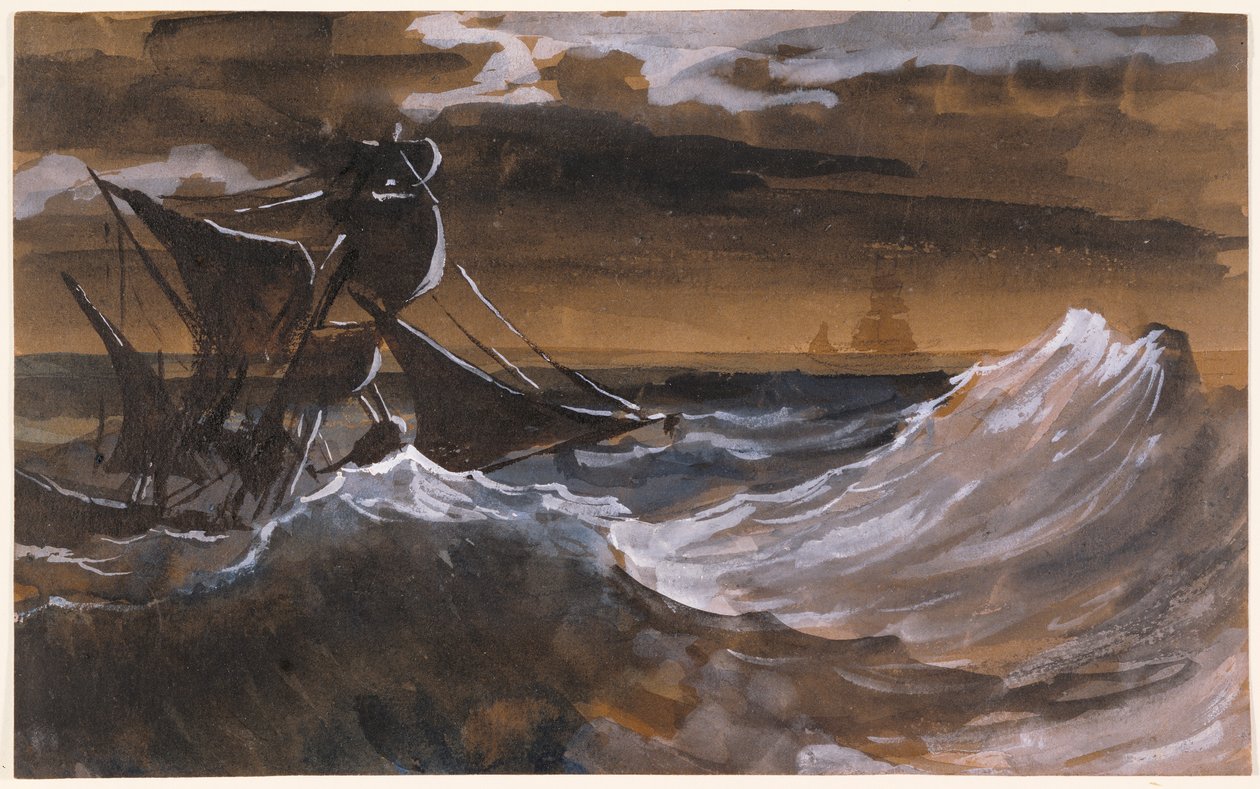 Azgın Denizde Yelkenli, c.1818-9 (fırça ve kahverengi yıkama, siyah tebeşir üzerine sulu boya) by Theodore Gericault