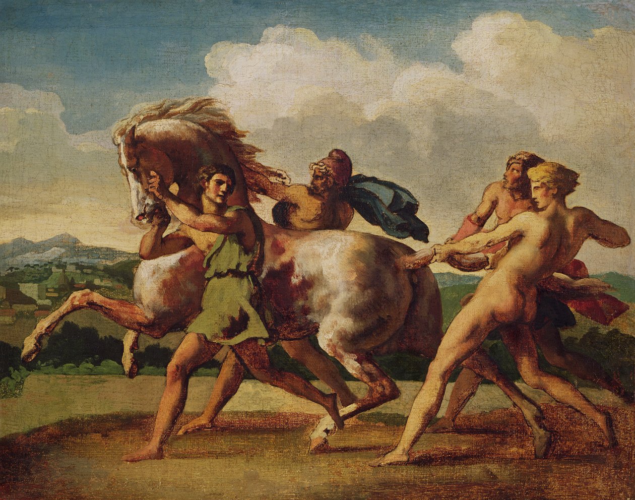 Bir atı durduran köleler, "Barbar Atlarının Yarışı" için çalışıyorlar, 1817 by Theodore Gericault