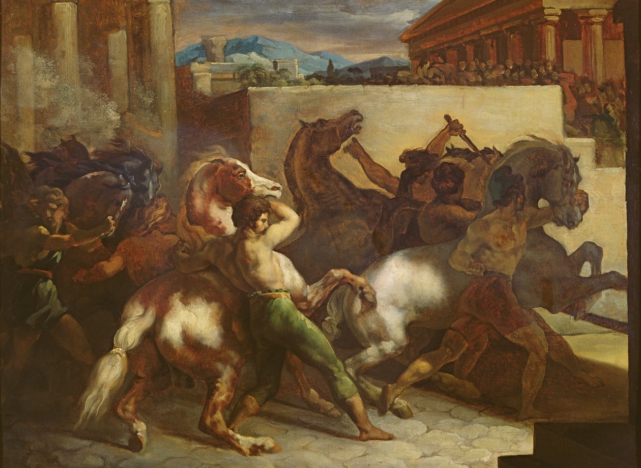 The Wild Horse Race at Rome, c.1817 (oil on paper) by Theodore Gericault