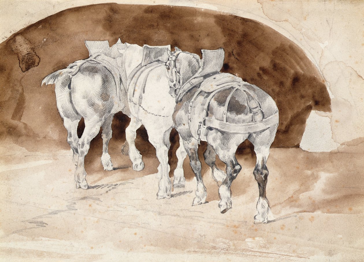 Koşum takımı içinde üç ağır at (kalem ve sepya yıkama) by Theodore Gericault