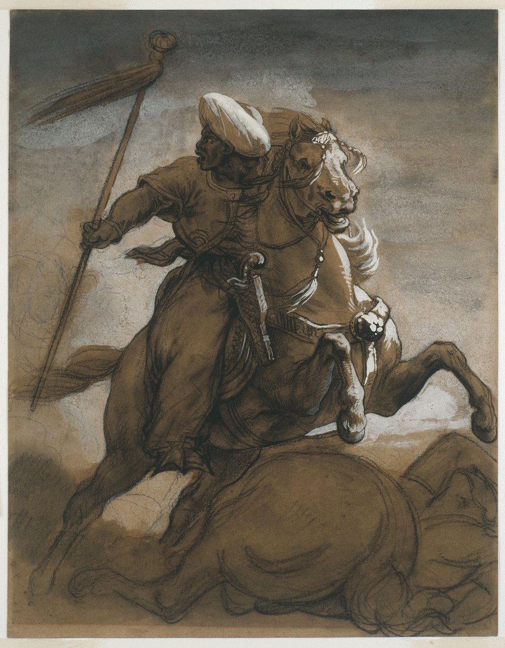 Savaşta Türk Süvari, c.1818 (kahverengi yıkama, kağıt üzerinde guaj ile yükseltilmiş) by Theodore Gericault