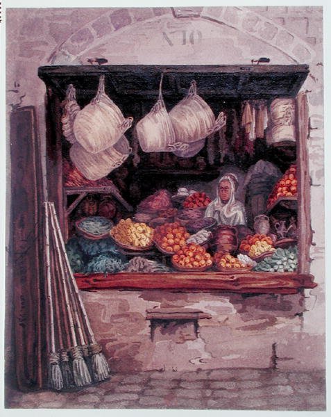 Meyve ve Sebze Satan Bir Kadın, Cezayir, c.1835 (kağıt üzerine suluboya) by Theodore Leblanc