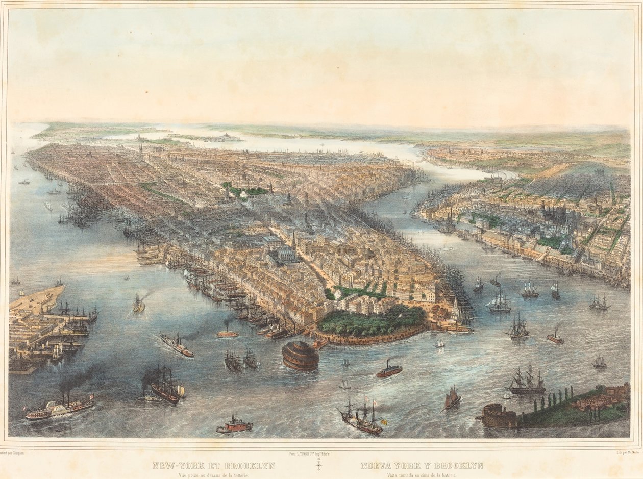 New York ve Brooklyn - Pilin üzerinden alınan görünüm by Theodore Muller after William Simpson