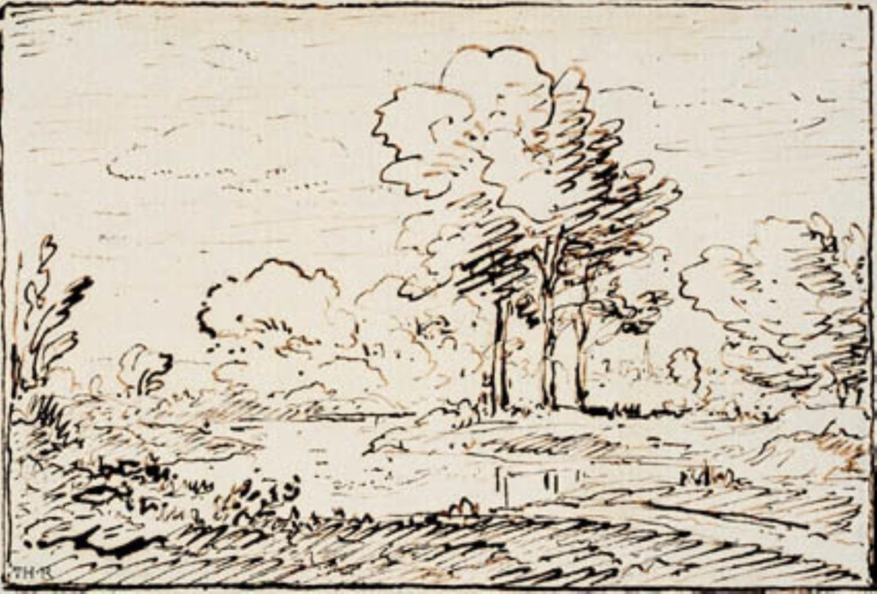 Bir nehir kıyısında üç uzun ağaçlı manzara by Theodore Rousseau