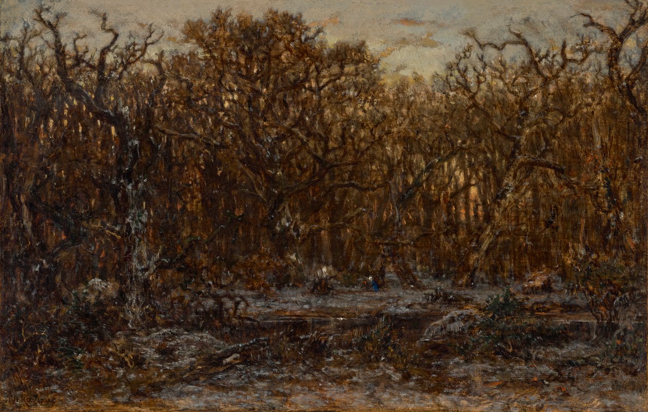 Kışın gün batımında orman by Theodore Rousseau
