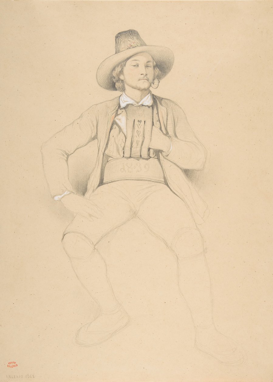 Tirol Kostümlü Bir Adam, Oturmuş, Pipo İçiyor, 1842. by Theodore Valerio