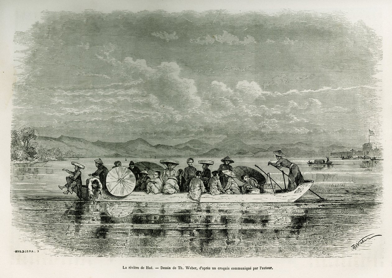 Th tarafından çizim Hue (Vietnam) nehri üzerinde bir tekne. Weber, 1875