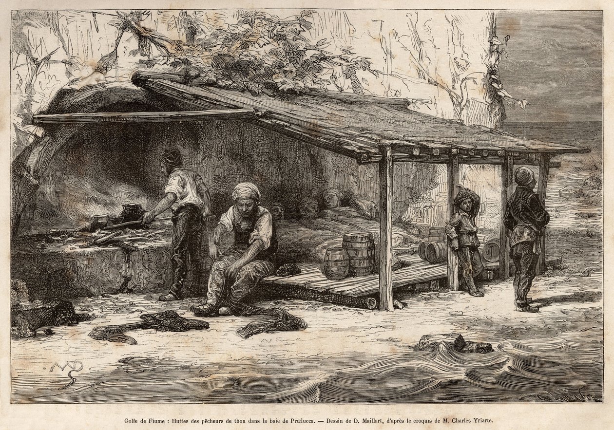 Fiume Körfezi (veya Rijeka, Istria) Proelucca körfezinde bir orkinos balıkçı kulübesi, balıkçılardan üçü hala uyuyor, battaniyelere sarılı, biri gözetleme yerini donatacak ve değiştirecek, biri mutfağı hazırlayacak ve yosunlar etrafta dolanacak. ayak o by Theodore Weber