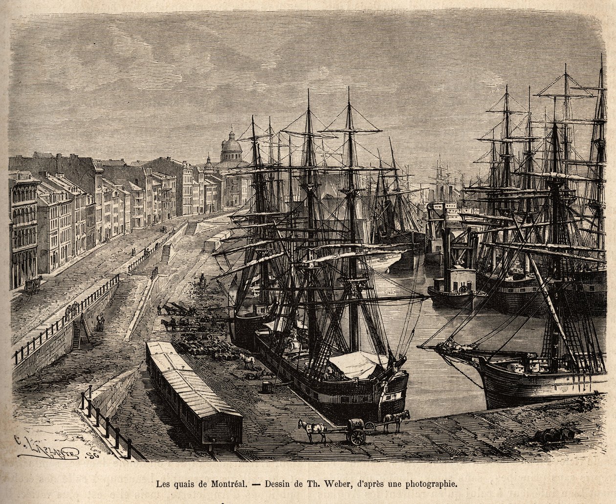Les quais de Montreal, Th. Weber, Kanada ve Riviere Rouge du nord gezisini gösteren, H. De Lamotte tarafından, 1873, “Le tour du monde”” 1875
