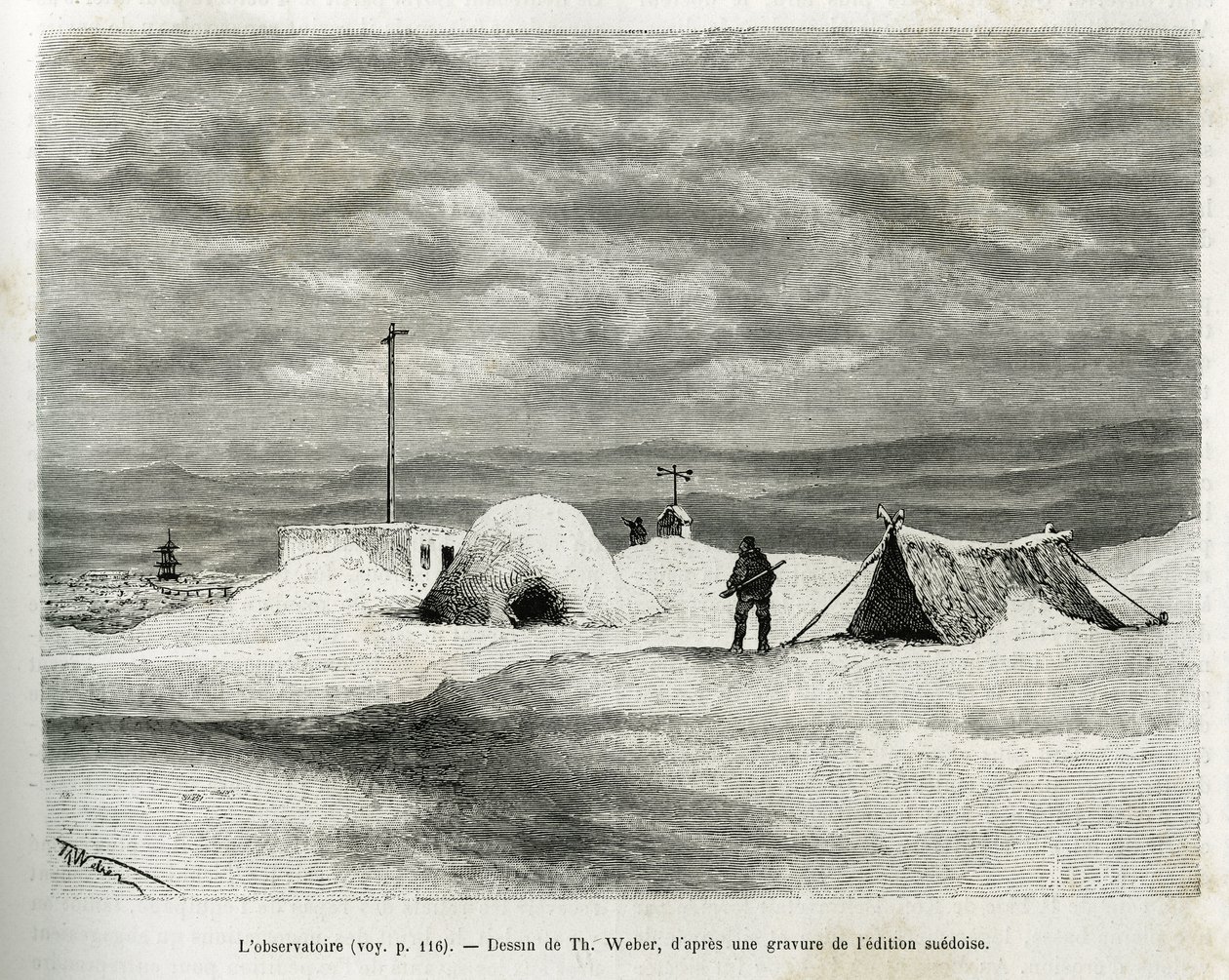 Meteorolojik gözlemevi Koljutschin körfezinde (kutup dairesi) kuruldu, bu sırada La Vega gemisi buza yakalandı ve mürettebat kışı geçirmeye hazırlanıyordu. Th.Weber tarafından yapılan gravür, Vega