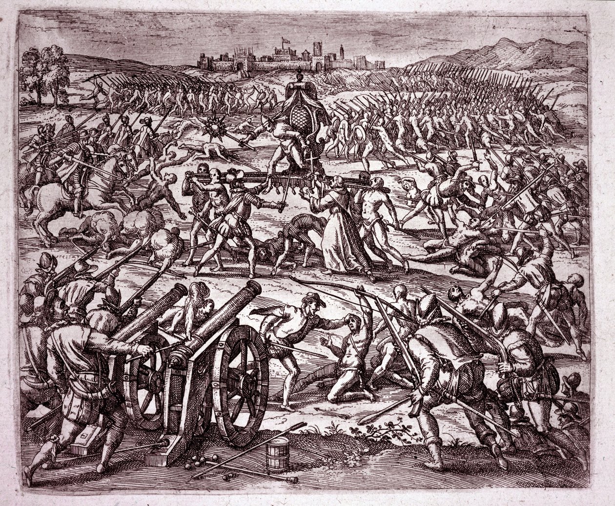 İnka kralı Atahualpa (Atabaliba) tarafından alay edildiğini hisseden bir Dominik keşişi, Francisco Pizarro