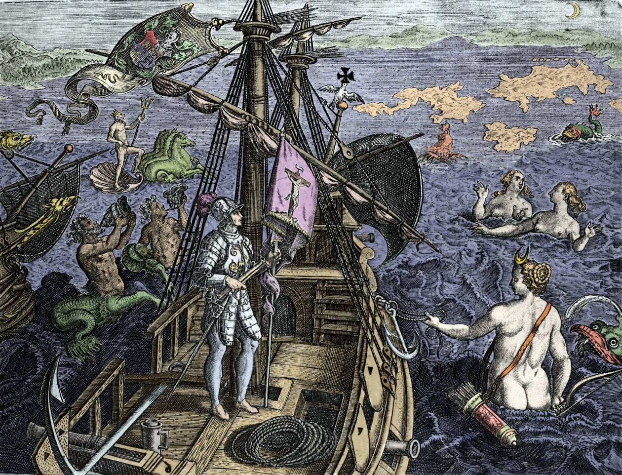 Alegori des voyages de Christopher Columbus (1451-1506), Theodor de Bry (1527-1598), Amsterdam 1594 tarafından "Historia America sive Novi Orbis" den gravür by Theodore de Bry