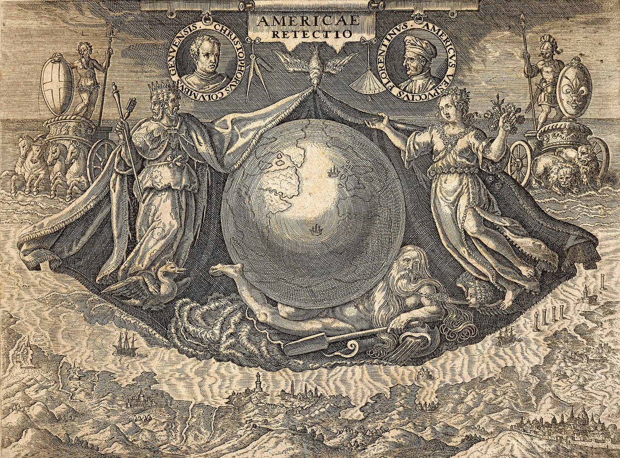 Denizciler Christopher Columbus ve Amerigo Vespucci portreleriyle Batı Hint Adaları veya Amerika Alegorisi by Theodore de Bry
