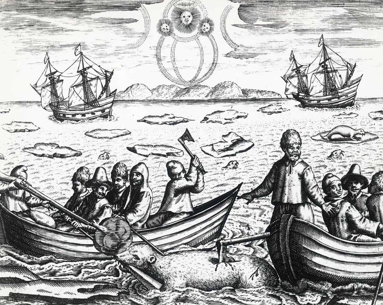 Aurora borealis ve beyaz ayı avı William Barents (yaklaşık 1550-1597) tarafından 1596