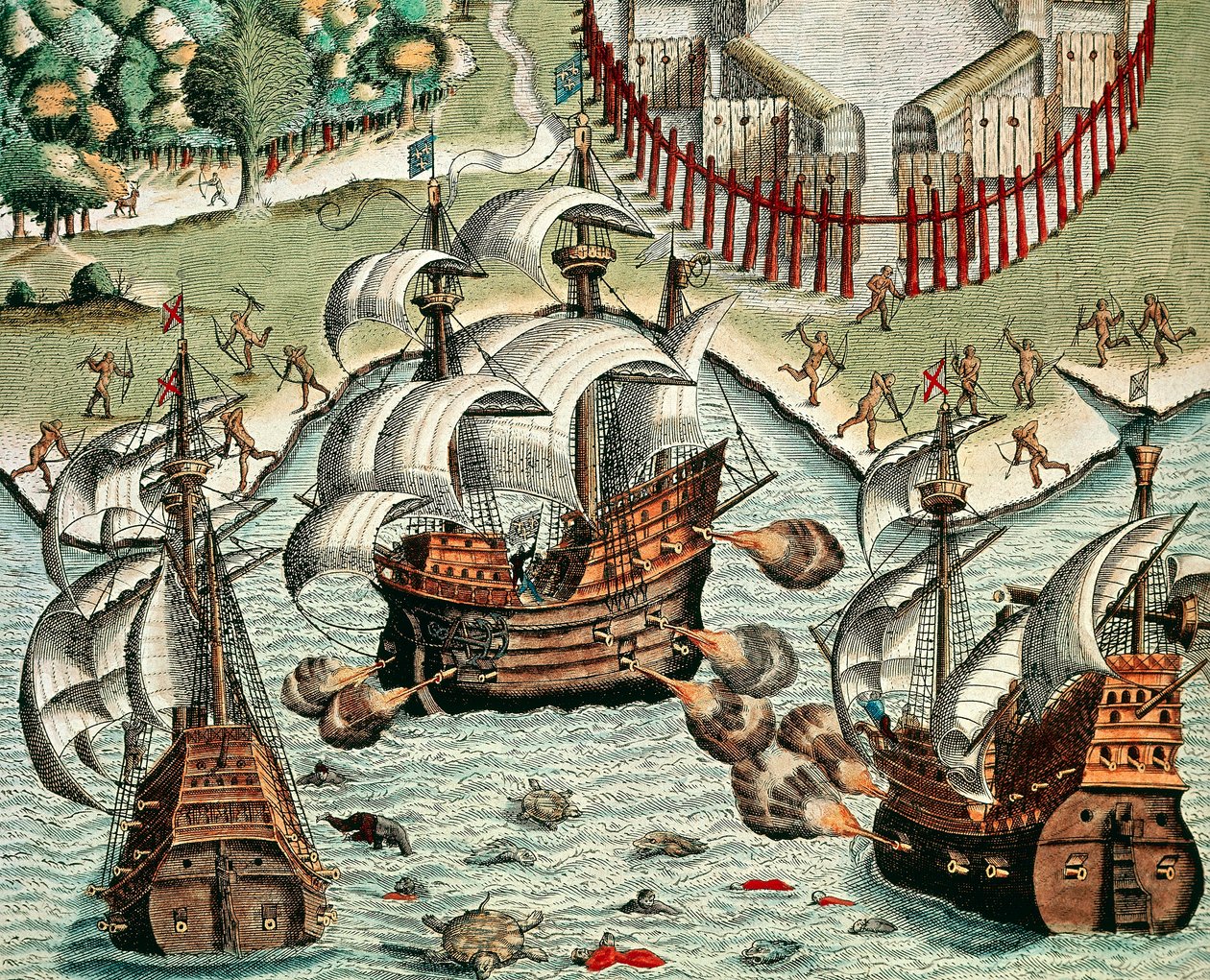 Fransızlar ve Portekizliler arasında Buttugar açıklarında savaş by Theodore de Bry