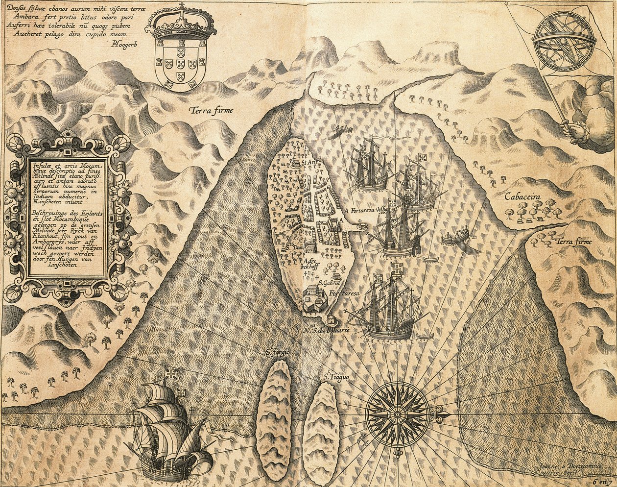 Mozambik kıyıları, Johannes Hugonis Linschooten ve Theodore de Bry tarafından Doğu Hint Adaları, gravür by Theodore de Bry