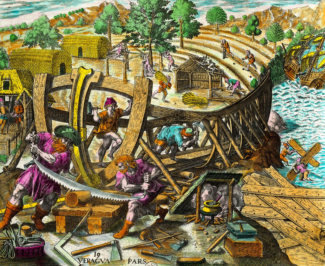 İspanyol denizci Vasco Nunez de Balboa (1475-1517) için bir tekne inşası Theodore de Bry (1528-1598) tarafından 16. yüzyıla ait “Amerika Kıtası Tarihinden” gravür. Özel koleksiyon by Theodore de Bry