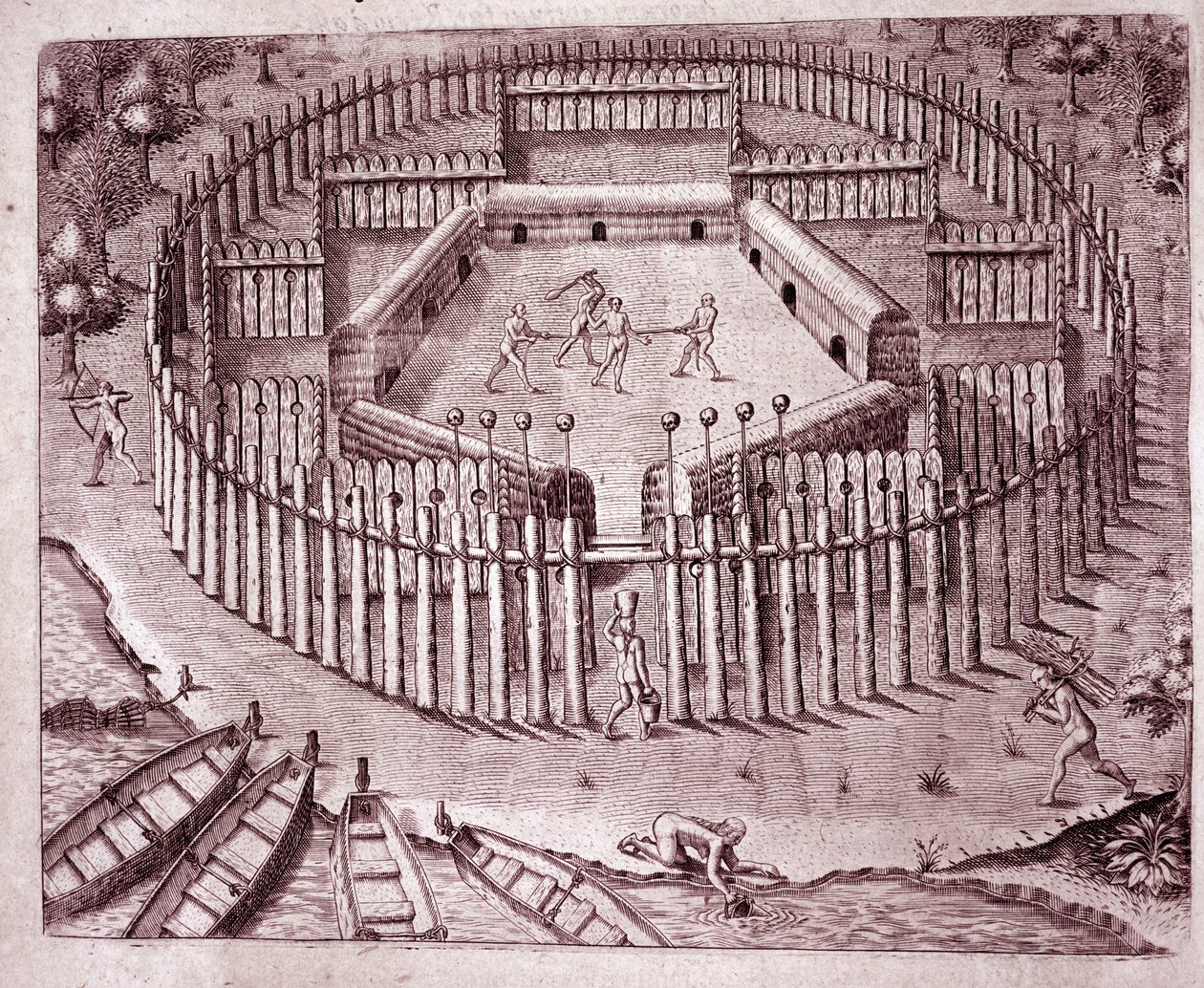 Hint kulübelerinin savunma sistemi, etrafına dikilmiş çift sıra ağaç gövdeleriyle. Kesilen düşman kafaları en üste yerleştirilir (Gravür by Theodore de Bry