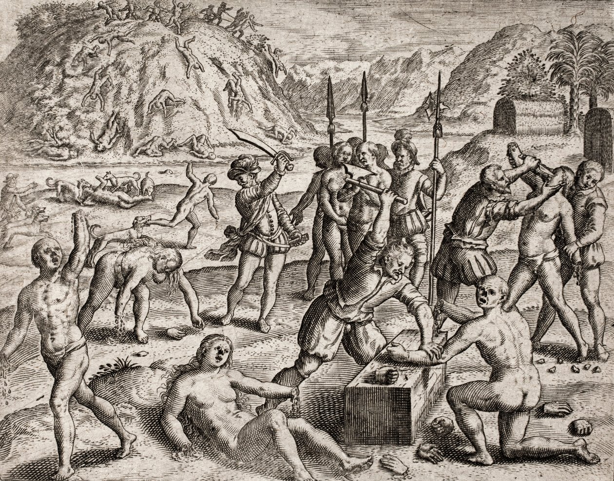 İspanyol yerleşimciler tarafından Kızılderililere uygulanan suçların açıklaması - Bir Hint köyünü katleden Conquistadors. Amputations des mains - Theodore de Bry