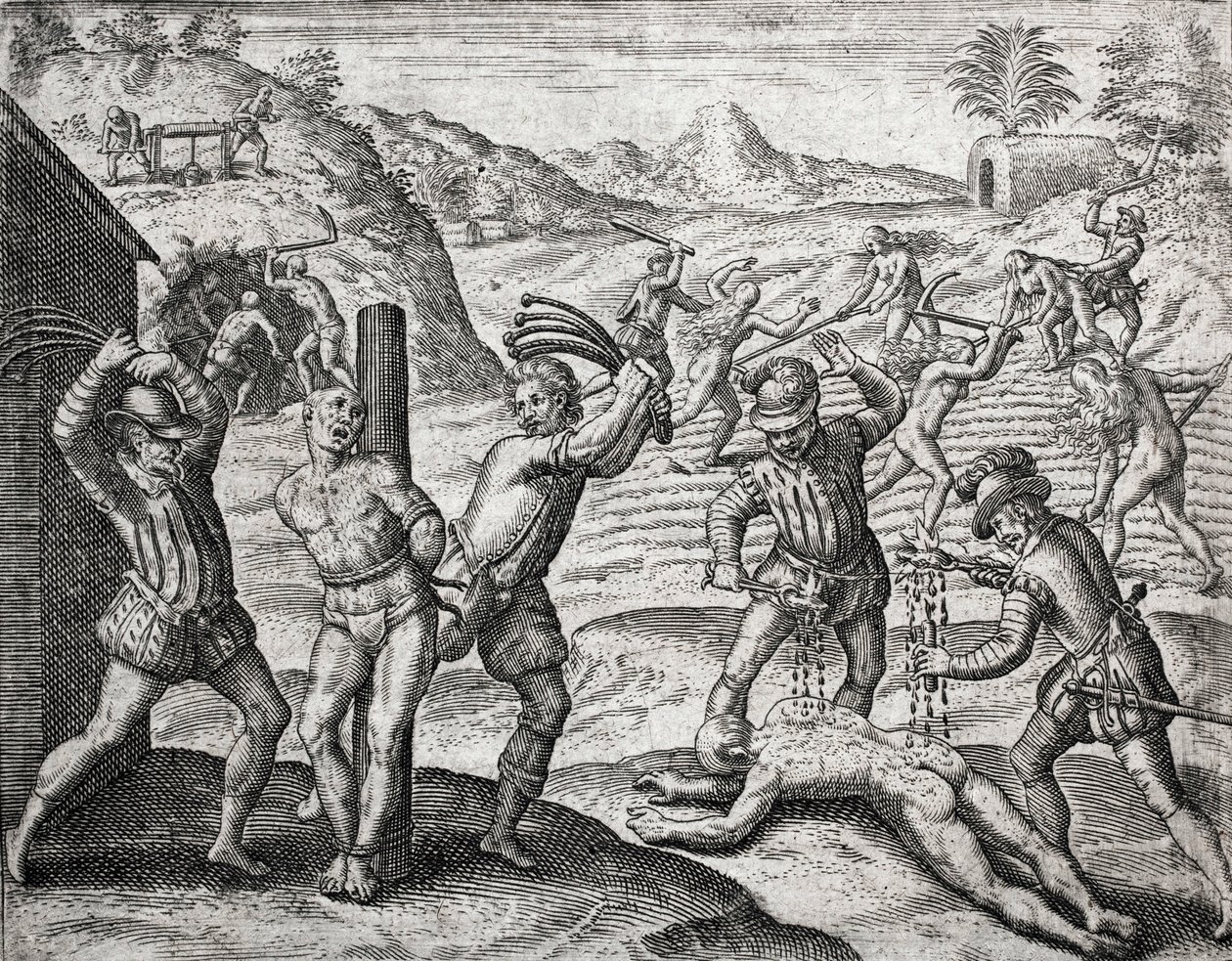 İspanyol yerleşimciler tarafından Kızılderililere uygulanan suçların tanımı - İspanyollar Kızılderililere işkence ediyor - Theodore de Bry
