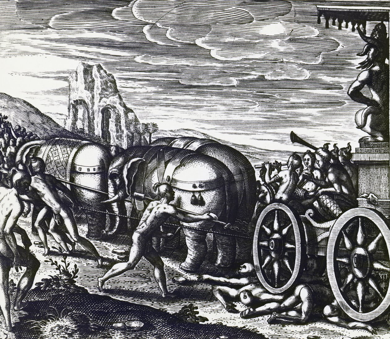 Theodor de Bry (1528-1598), oyma tarafından idol alayı sırasında araba tarafından ezilen adanmışlar by Theodore de Bry