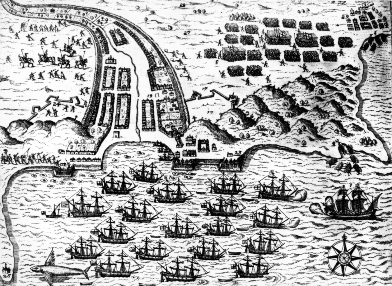 Drake, 1585 yılında De Bry tarafından Capo Verde adasında “Saint Giacomo” teknesini ele geçirdi. by Theodore de Bry