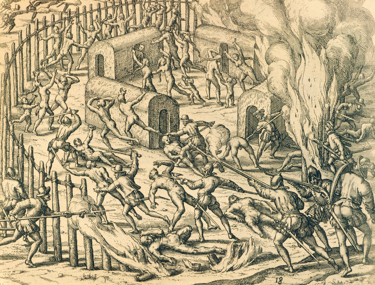 Bir Kızılderili köyüne saldıran Avrupalı fatihler, Theodore de Bry tarafından Amerikan Tarihinden İllüstrasyon by Theodore de Bry