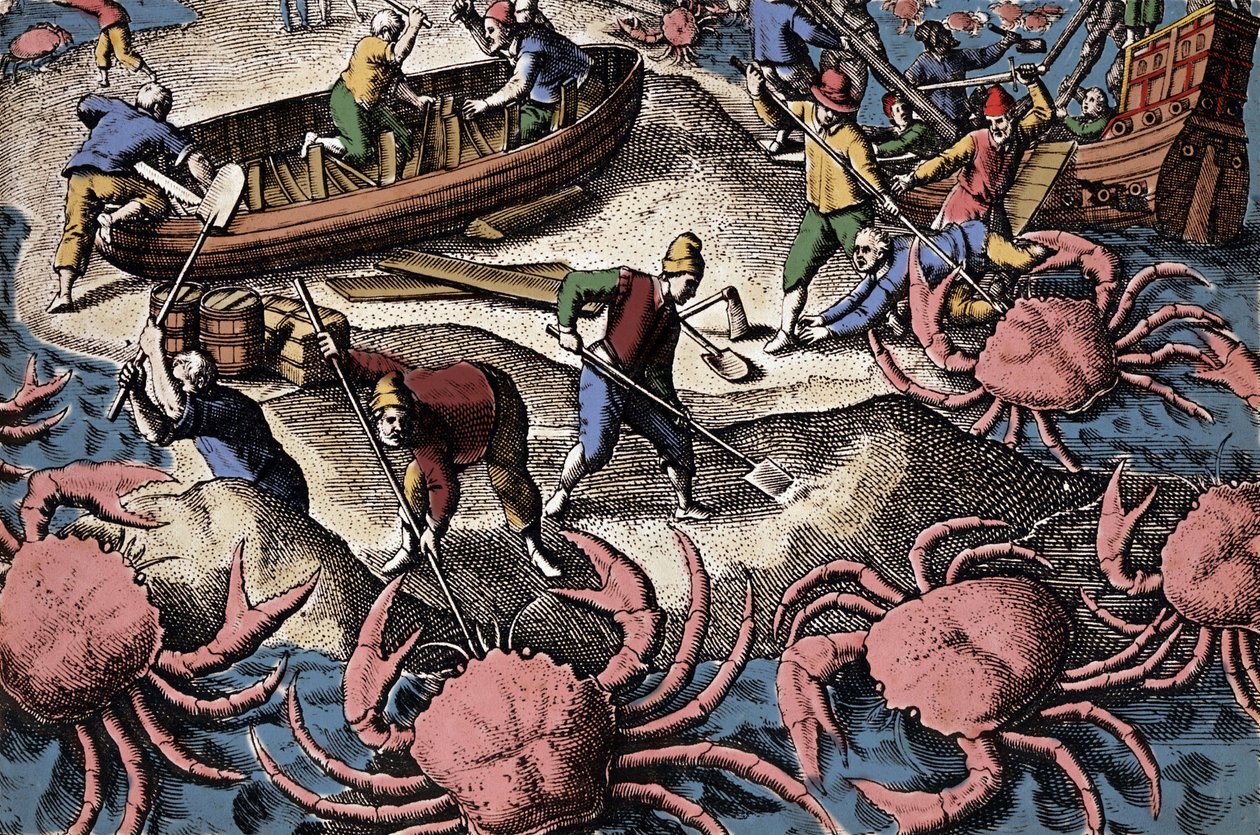 Avrupalı denizciler büyük yengeçle savaşıyor. Theodore de Bry
