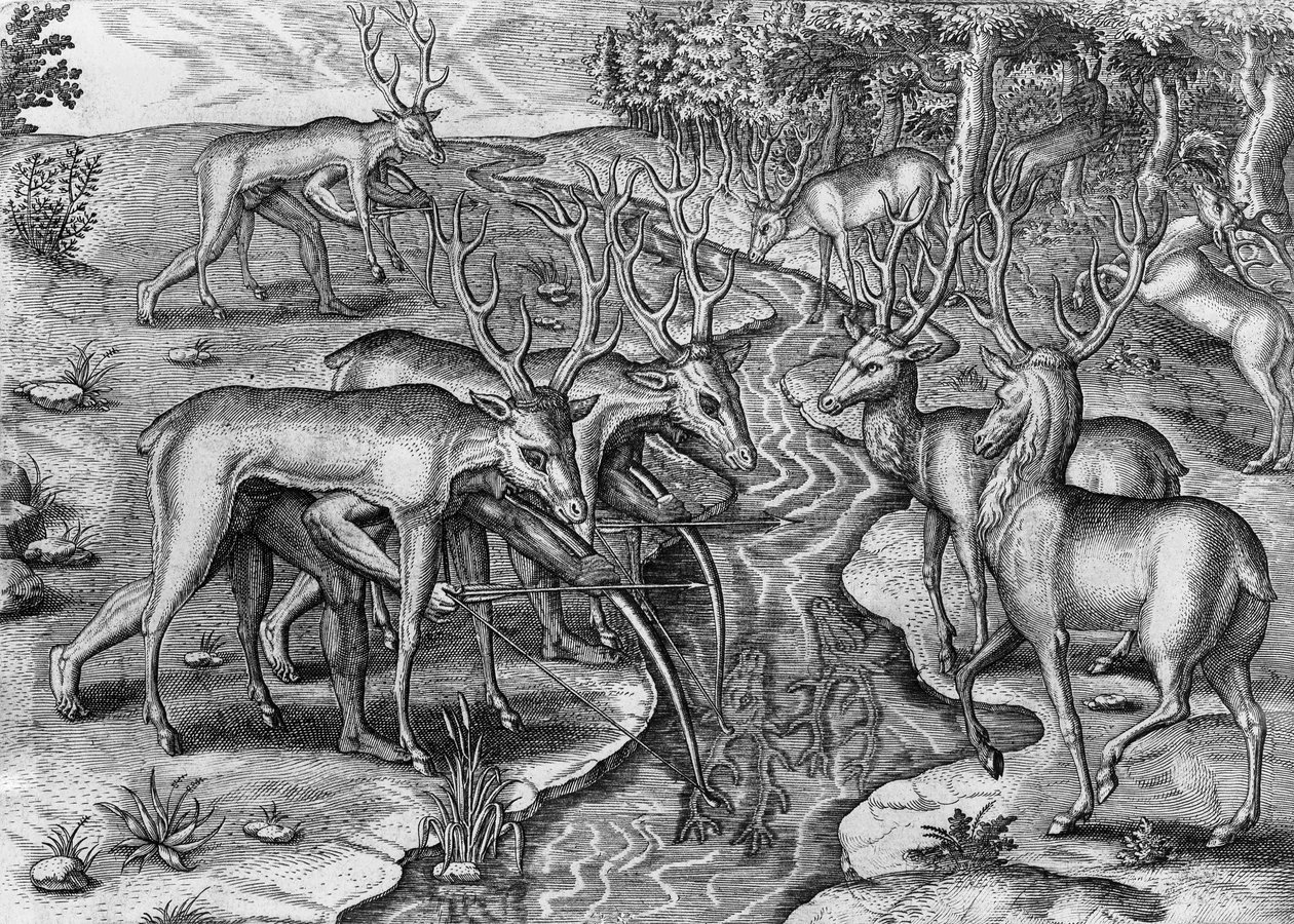 Florida Kızılderilileri avlanıyor, geyik kılığında, Amerika Birleşik Devletleri, Theodor de Bry (1528-1598) tarafından oyma by Theodore de Bry