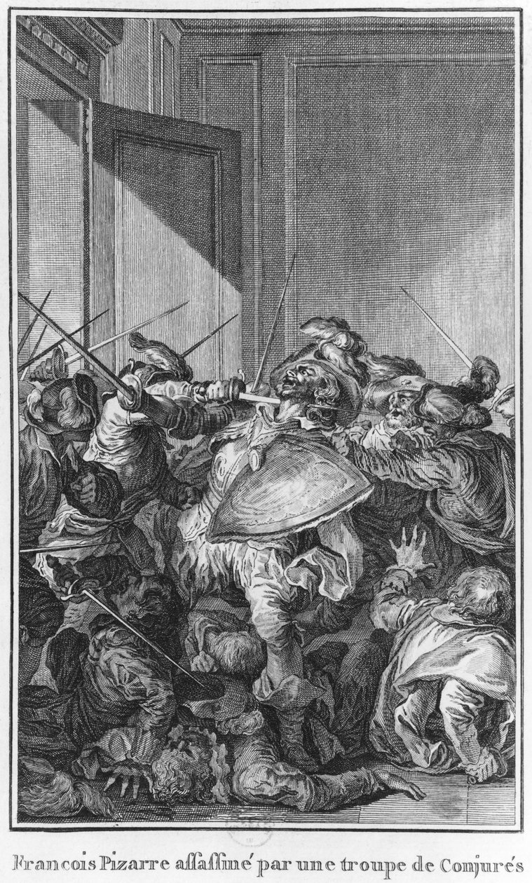Francisco Pizarro, bir komplocu ordusu tarafından öldürüldü, 1541 by Theodore de Bry