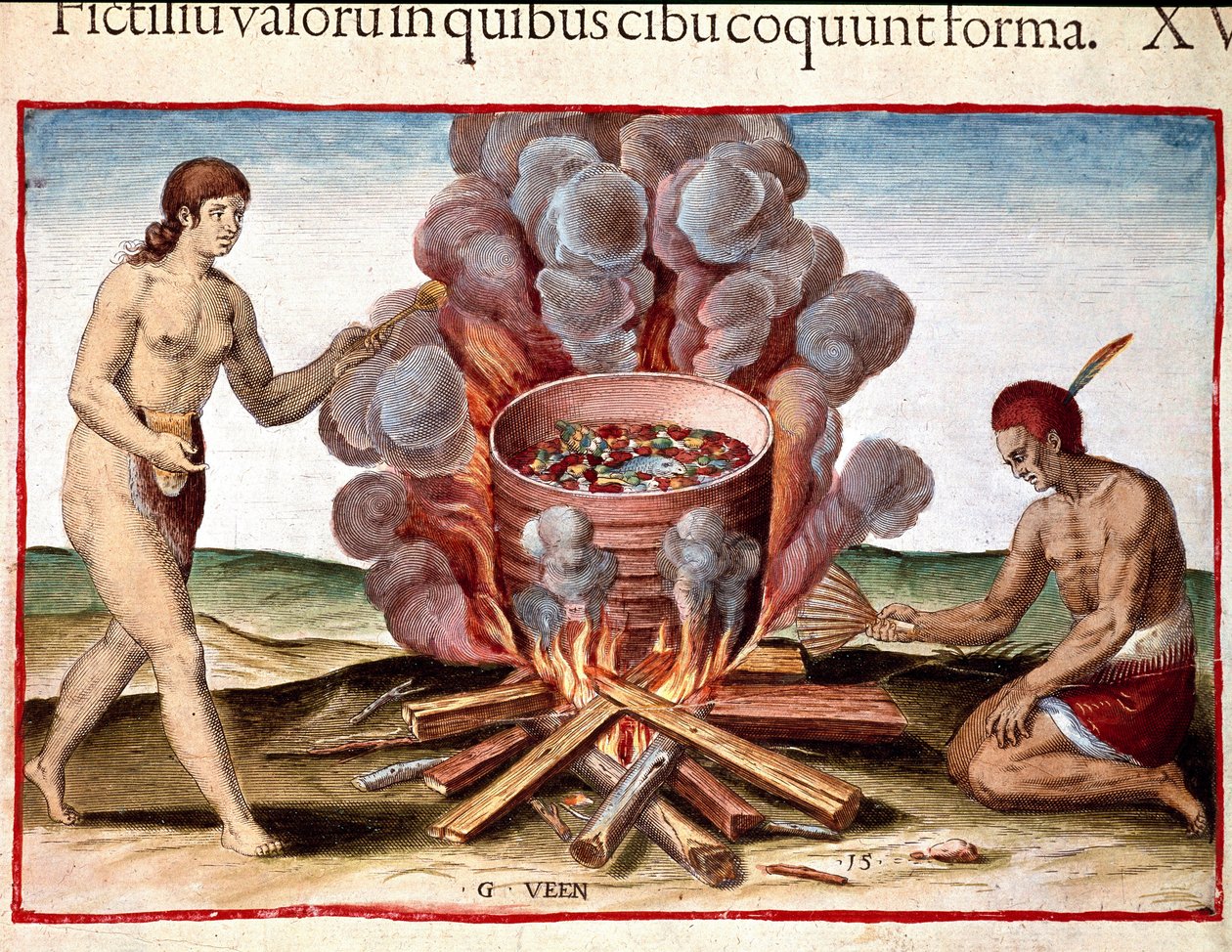 Amerika Tarihi: Theodore de Bry (1528-1598) tarafından "Admirante Narratio Americae" den "Hint pişirme balık" Gravür by Theodore de Bry