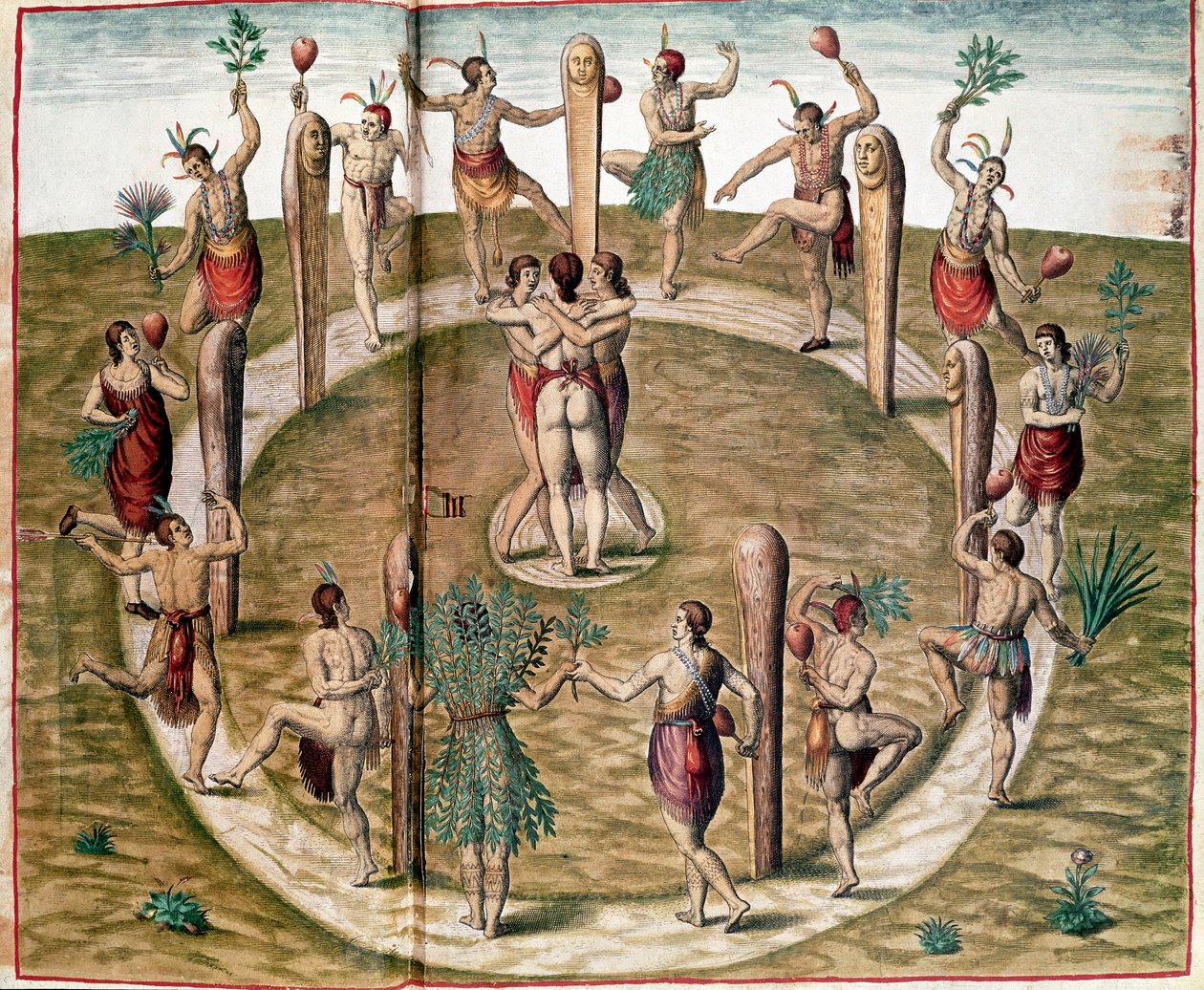 Amerika Tarihi: “” Arkadaşlığı Kutlamak için Ritüel Dans”” Theodore de Bry (1528-1598) tarafından gravür. 16. yüzyıl Vincennes, Donanma Tarihi Müzesi by Theodore de Bry
