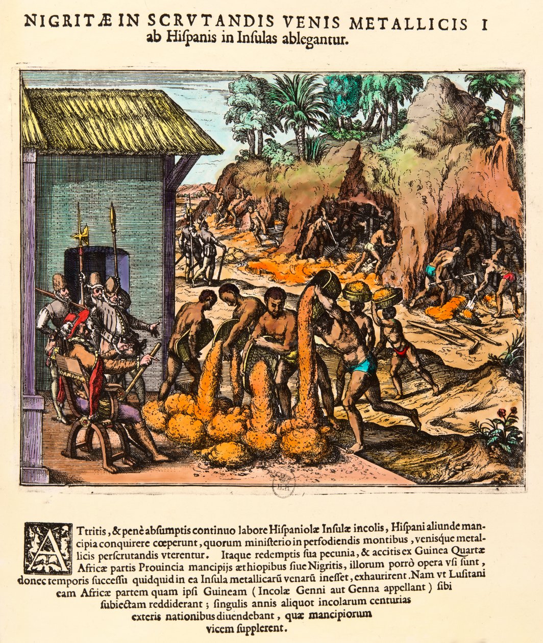 Amerika Tarihi: İspanyollar altın madenlerinden yararlanır. Kızılderililer yerleşimcilerin gözleri önünde çalışıyor. Theodore de Bry (1528-1598) tarafından yapılan gravür. 16. yüzyıl Özel koleksiyon by Theodore de Bry
