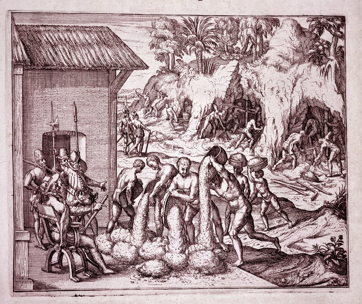 Amerika Tarihi: İspanyollar altın madenlerini sömürüyor (Gravür by Theodore de Bry