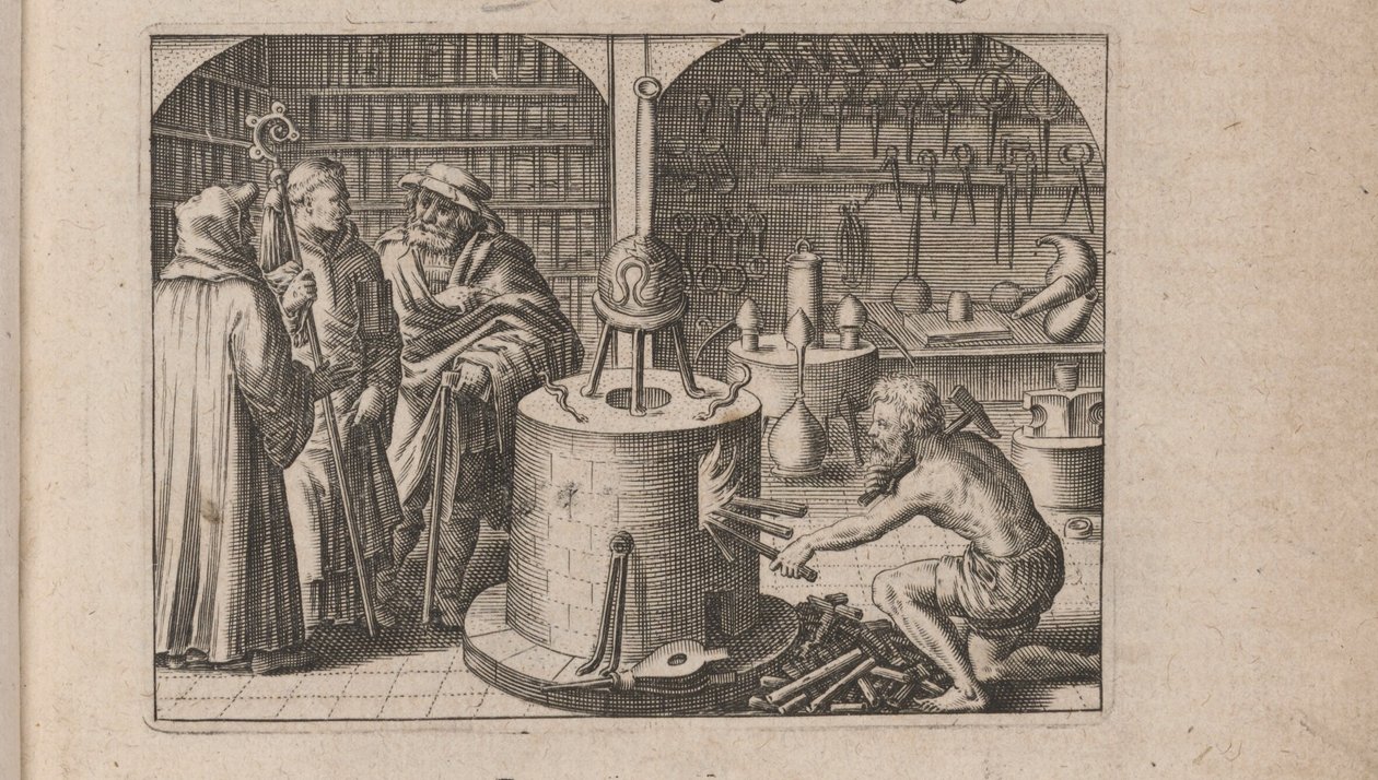 Tripus Avrevs için illüstrasyon, yani seçkin kimyagerlerin üç incelemesi.., 1618 by Theodore de Bry