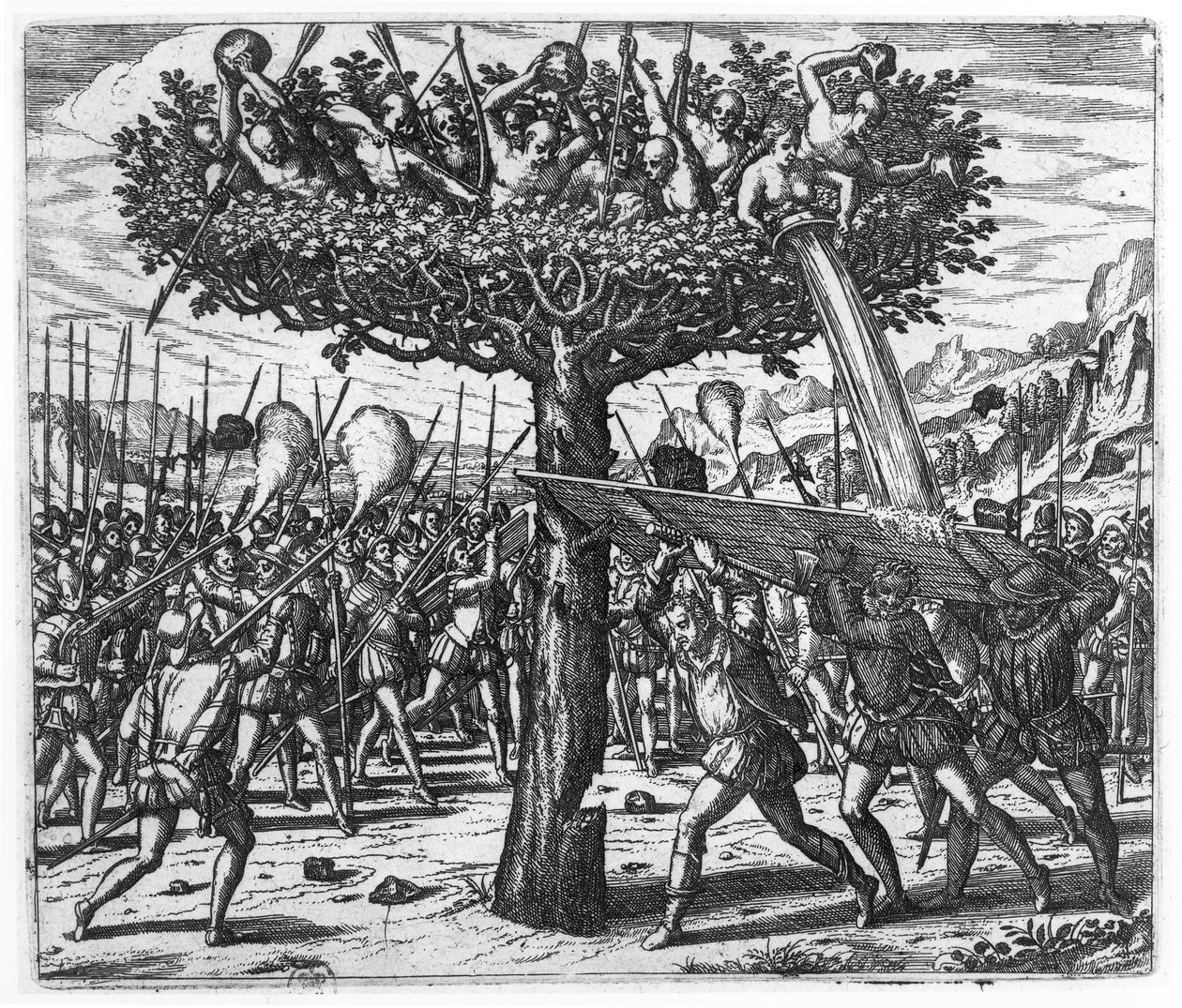 İspanyollara Mermiler Fırlayan Ağaçtaki Kızılderililer by Theodore de Bry