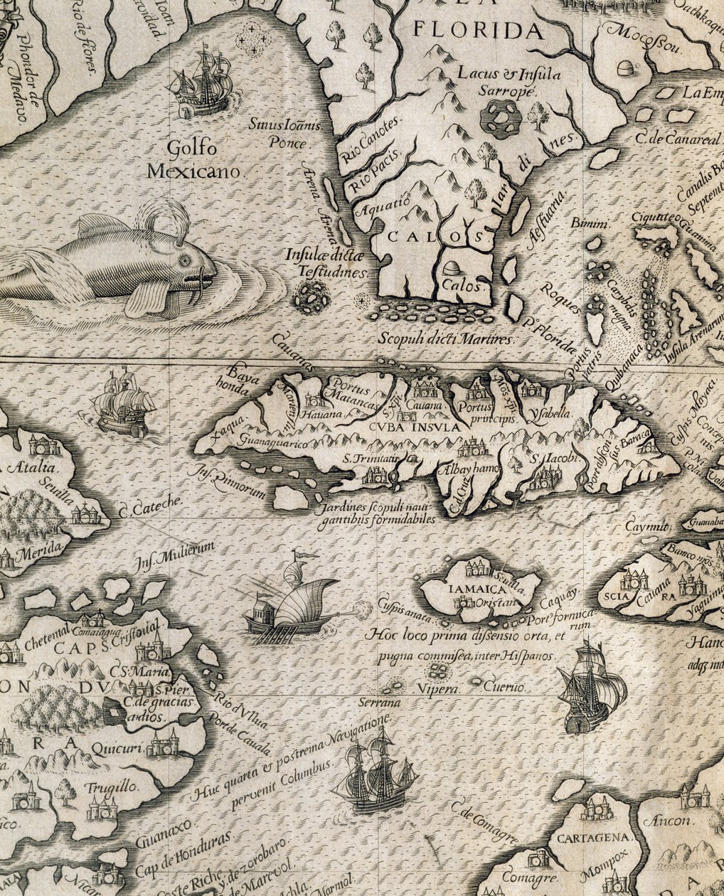 Küba Adası, Florida ve Meksika Körfezi, Amerikan Büyük Yolculuklarının Tarihinden oyma by Theodore de Bry