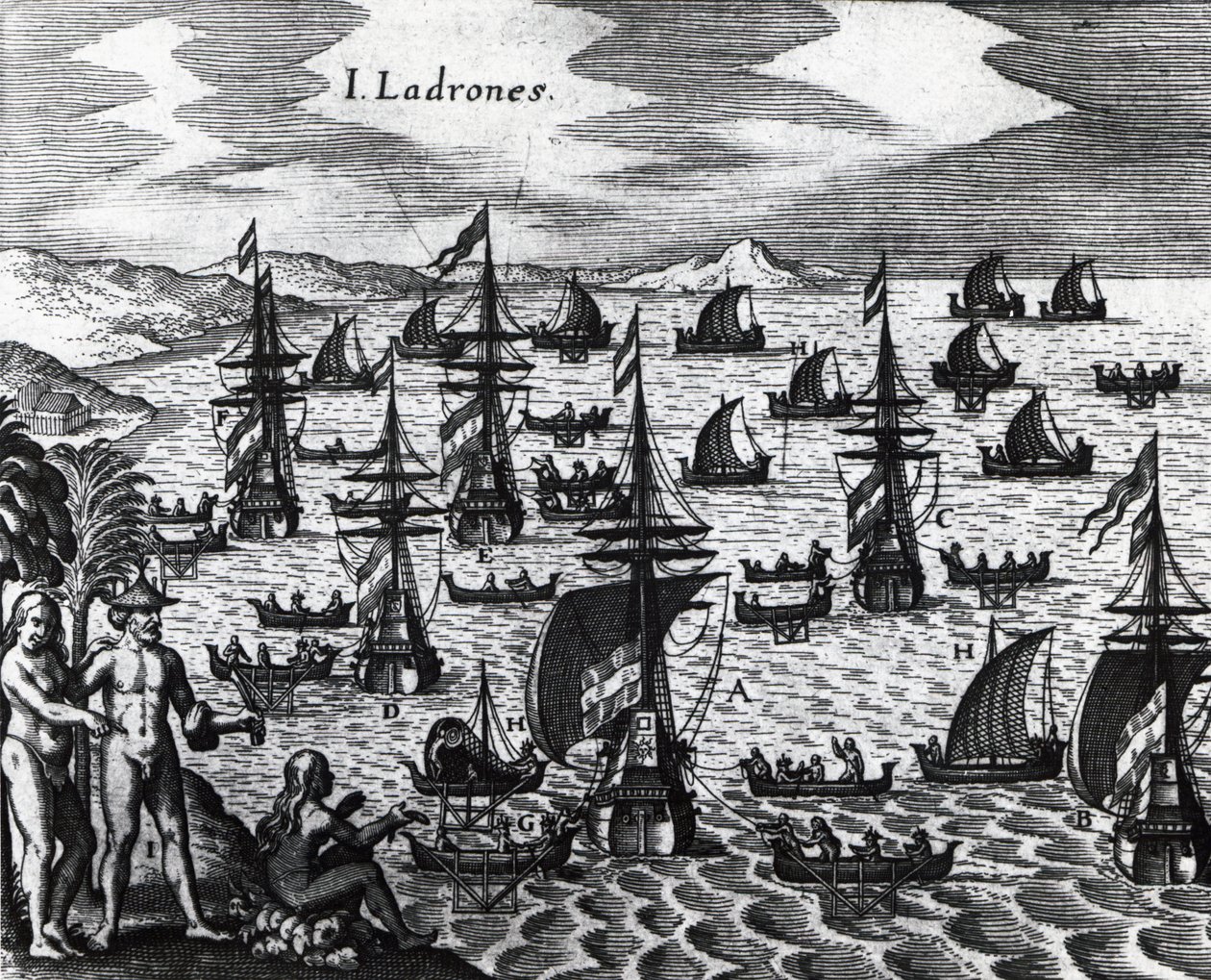 Hırsızlar Adaları (Islas de los Ladrones, bugün Marianas adaları), Theodor de Bry (1528-1598) tarafından Peregrinationes