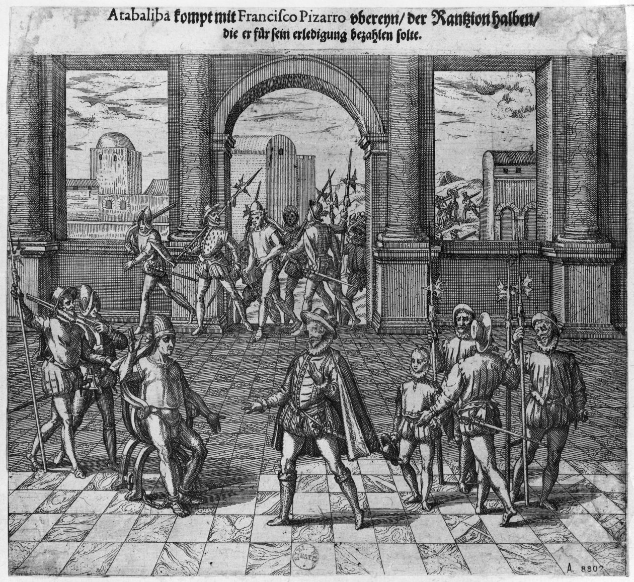 Kral Atahualpa (c.1502-33) Francisco Pizarro ile fidyesini tedavi ederken, 1533 (gravür) (bw fotoğraf) by Theodore de Bry