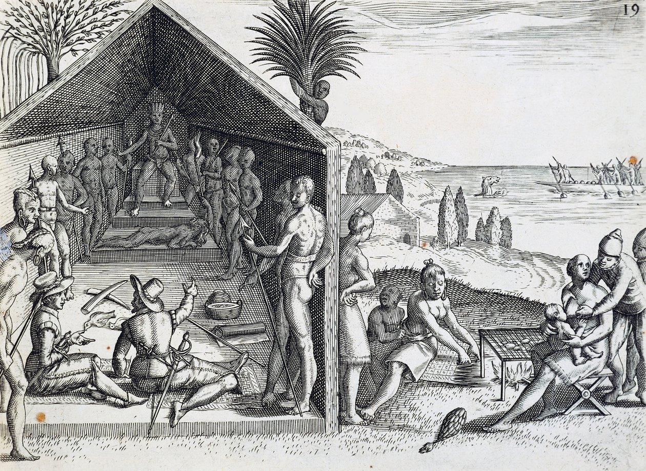 Avrupalı ziyaretçileri alan Kral, Cape Lopez, Gabon, Hindistan oryantalinden Theodor de Bry (1528-1598), Afrika tarafından gravür by Theodore de Bry