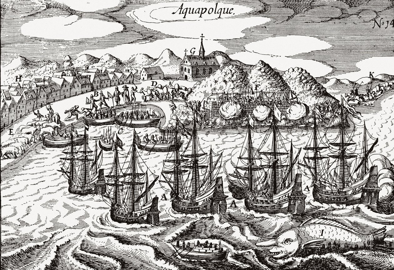 Meksika, Acapulco Görünümü - Meksika (Aquapolque), Theodore de Bry, ca. 1630. İspanyolların Filipinler ile Pasifik ticareti için ana liman olarak kullandıkları Acapulco